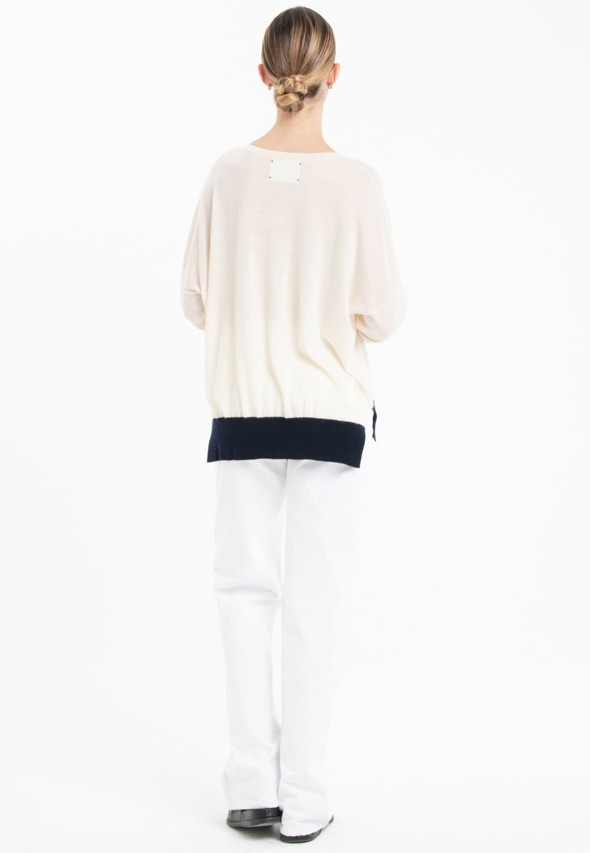 Pull col V oversize ultrafin cachemire et laine blanc/vert/bleu marine femme - KELLY 10
