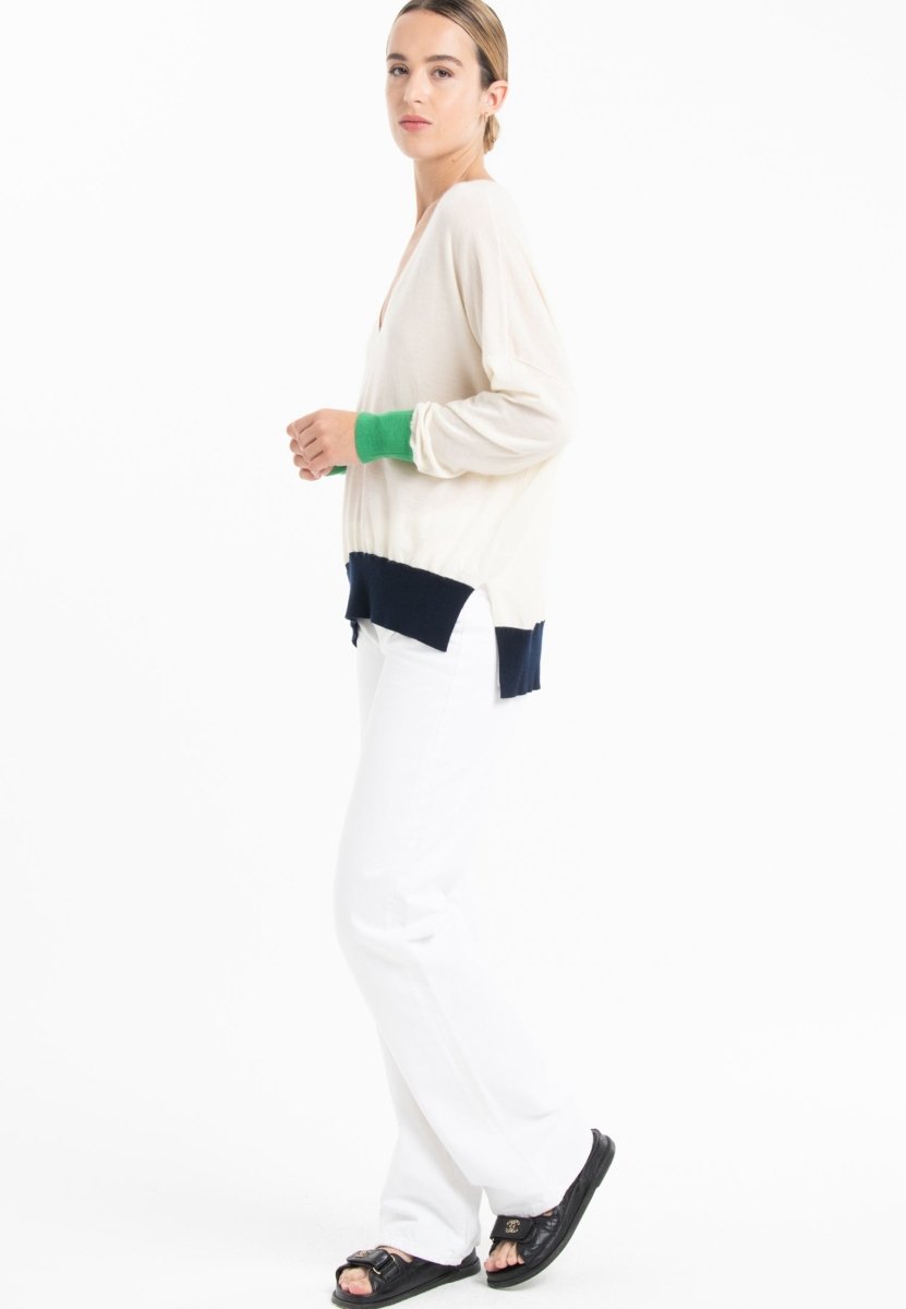 Pull col V oversize ultrafin cachemire et laine blanc/vert/bleu marine femme - KELLY 10