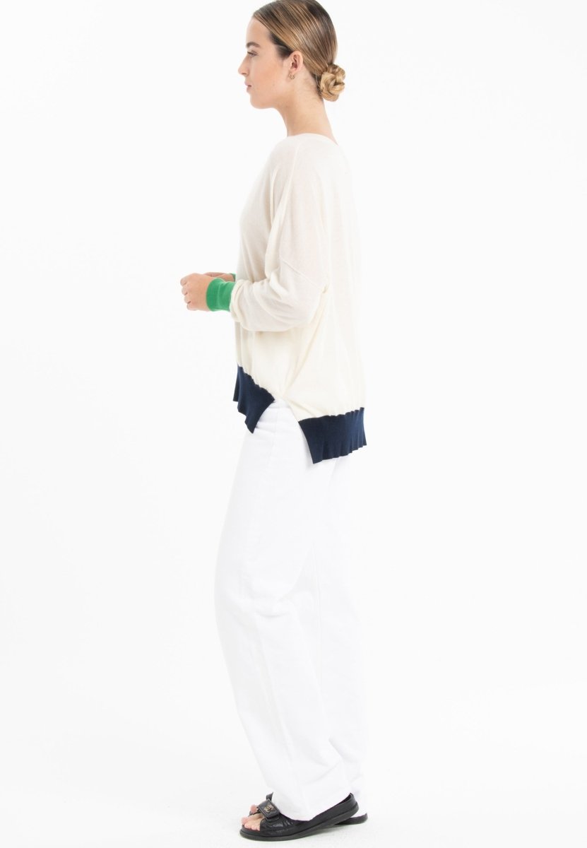 Pull col V oversize ultrafin cachemire et laine blanc/vert/bleu marine femme - KELLY 10