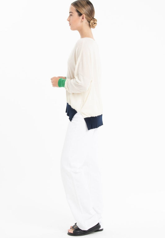 Pull col V oversize ultrafin cachemire et laine blanc/vert/bleu marine femme - KELLY 10